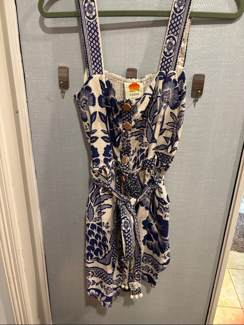 FARM Rio Navy Blue & White Floral Mini Dress with Tie Waist